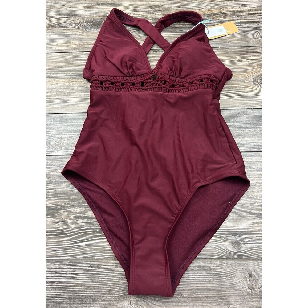 Kona Sol™ Macrame Med Coverage One Piece Swimsuit Burgundy Size MED NWT